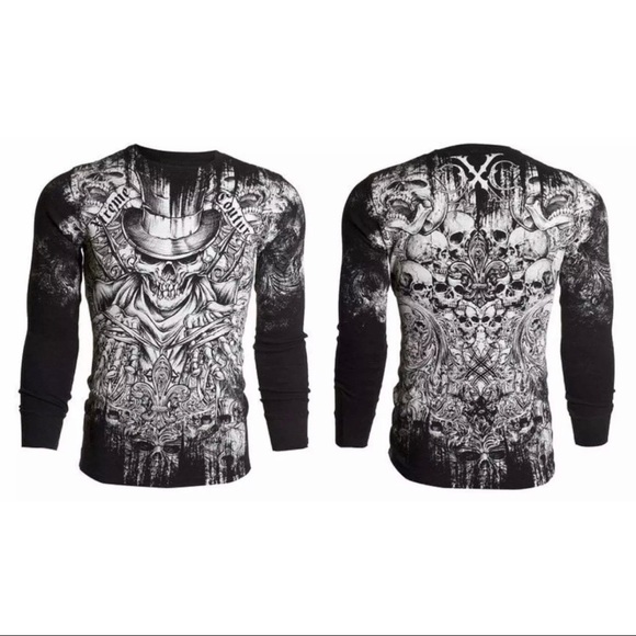 Xtreme Couture by Affliction Men's Thermal Shirt OFFERING Black Skull Biker - Picture 2 of 5